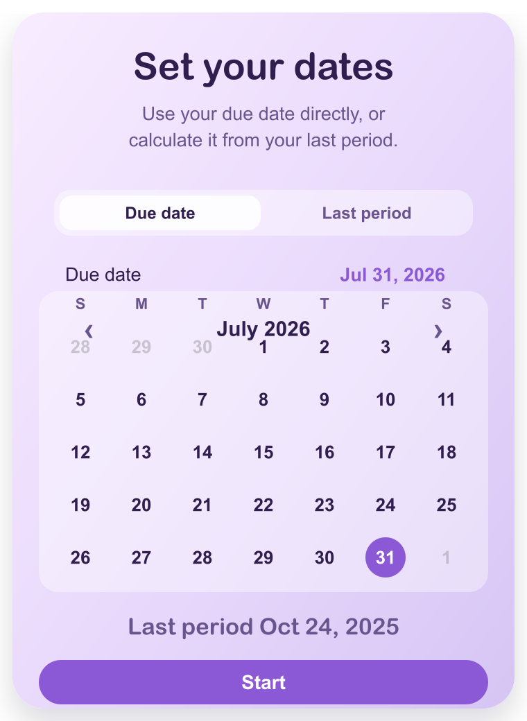 Simple Pregnancy date setup screen with due date selected.